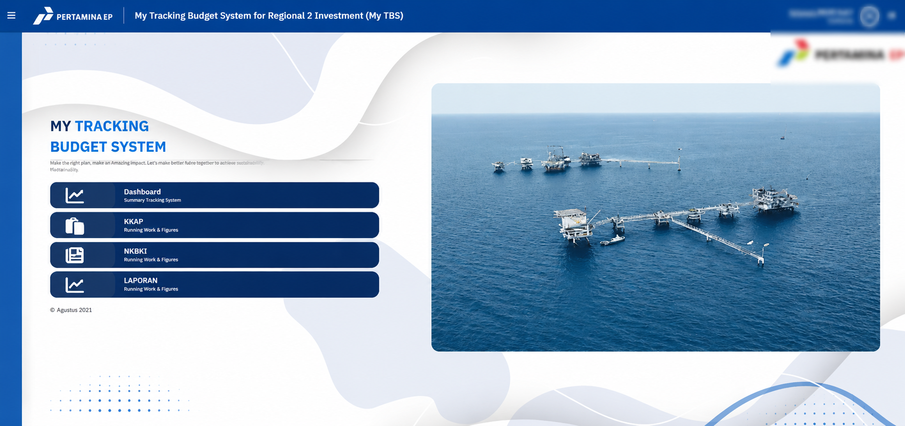 My TBS home screen: a Pertamina EP header with the application title, and a navigation menu with Dashboard, KKAP, NKBKI, and LAPORAN entries beside a photograph of an offshore platform